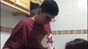 stepsister lets herself be caught in the kitchen of my house.