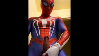 spiderman jerk off and cum in ps4 replica suit