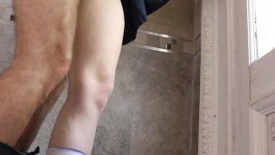 Girl in uniform fucked standing and creampied until pussy drips cum. Upskirt