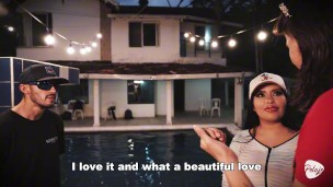 Husband gives his busty Latina a pool and she cheats on him by sucking the instructor’s cock