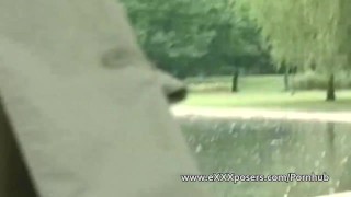 Nervous blonde milf flashing in the park