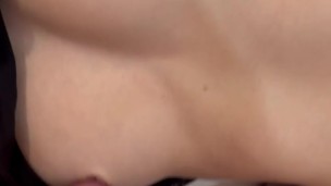 barely waking up with his cock in his hand he cums on my small tits