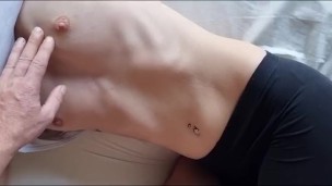 I jerk off between her small tits, she licks my balls and she swallows her load of cum