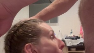 I suck his cock before his shower and he cums on my small tits