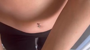 Kitchen blowjob and cum on leggings and feet